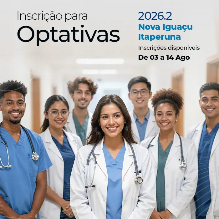 Banner das inscrições para disciplinas optativas 2026.2, da Universidade Iguaçu (UNIG), com uma imagem de alunos equipados felizes e com o texto: Nova Iguaçu e Itaperuna. Inscrições disponíveis de 3 a 14 de agosto