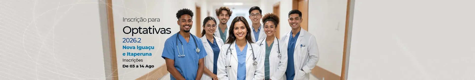 Banner das inscrições para disciplinas optativas 2026.2, da Universidade Iguaçu (UNIG), com uma imagem de alunos equipados felizes e com o texto: Nova Iguaçu e Itaperuna. Inscrições disponíveis de 3 a 14 de agosto